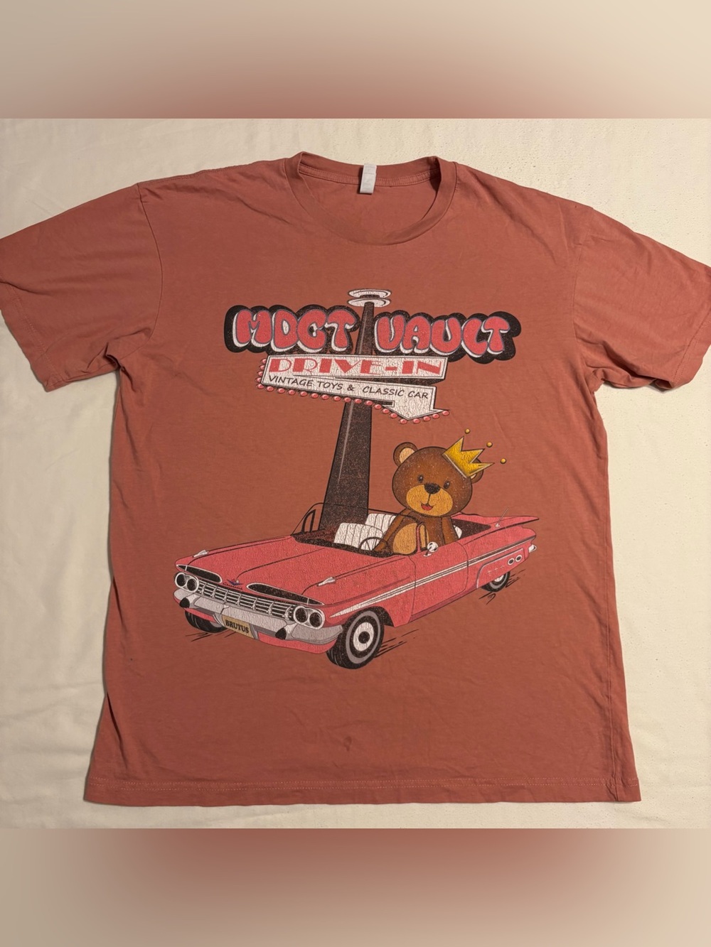 Cotton Heritage Vintage-Inspired Rust Pink Bear Graphic Tee "Drive-In"